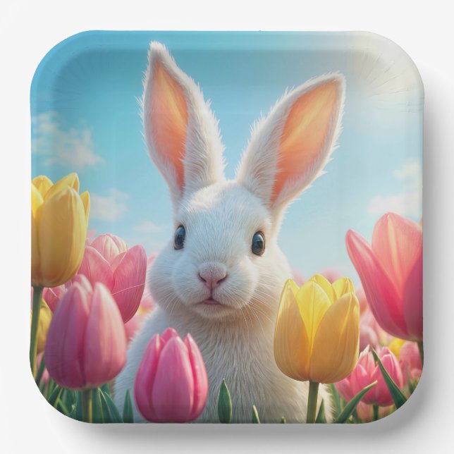 Plato De Papel Bunny blanco de Pascua en Tulips (Anverso)