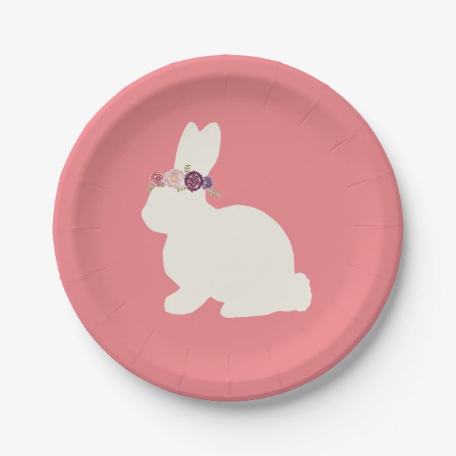Plato De Papel Bunny con flores placa de papel Fiesta rosa (Anverso)