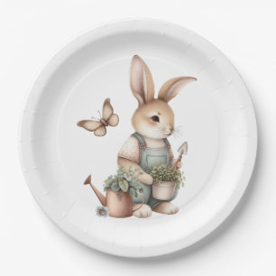 Plato De Papel Bunny de jardín marrón en overalls