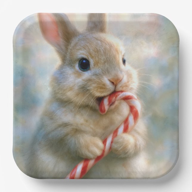 Plato De Papel Bunny Rabbit Nibbling On a Candy Cane (Anverso)