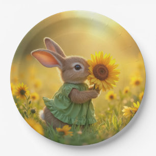 Plato De Papel Bunny Sniffing un girasol amarillo