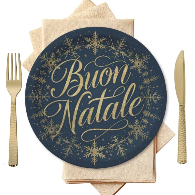 Plato De Papel Buon Natale Italian Christmas - Navy & Gold (Buon Natale Elegant Navy plate with gold script surrounded by circular snowflakes in gold)