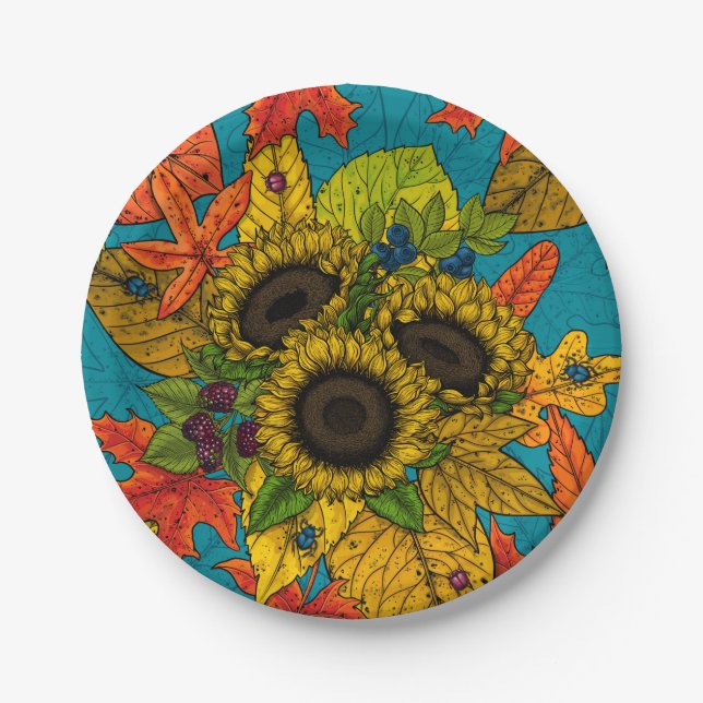 Plato De Papel Buqué de otoño en azul (Anverso)