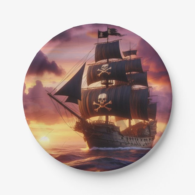 Plato De Papel Buque pirata al amanecer (Anverso)