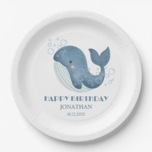 Plato De Papel Burbuja azul circular mate niños de ballena cumple