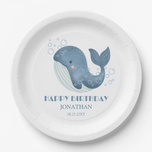 Plato De Papel Burbuja azul circular mate niños de ballena cumple (Anverso)