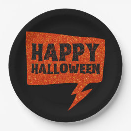 Plato De Papel Burbuja de habla purpurina Feliz Halloween
