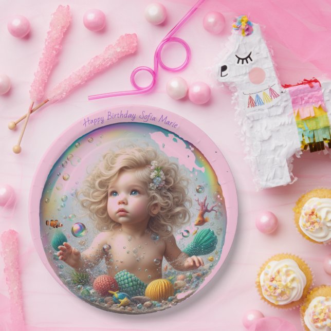 Plato De Papel Burbuja de la sirena del bebé rubio (Fiesta)