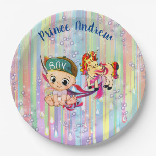 Plato De Papel Burbujas arcoiris de Baby Boy y Baby Shower de Uni