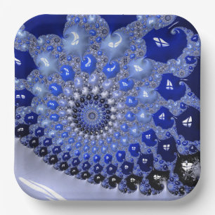Plato De Papel Burbujas fractales azules abstractas con ombre