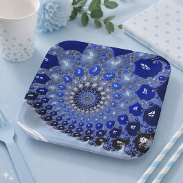 Plato De Papel Burbujas fractales azules abstractas con ombre