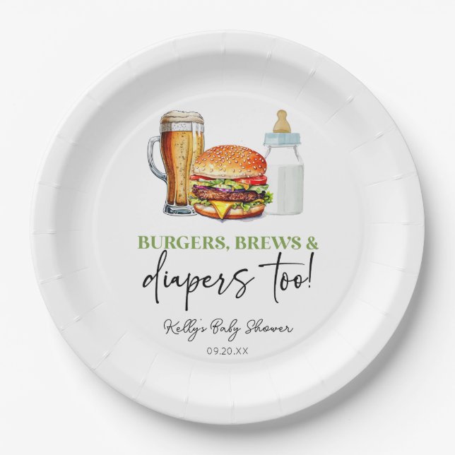 Plato De Papel Burgers Brews and Diapers Too! Baby Shower (Anverso)