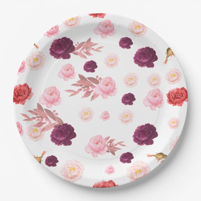 Plato De Papel Burgundy Dusty Bloom Rosa Delight Baby Shower (Anverso)