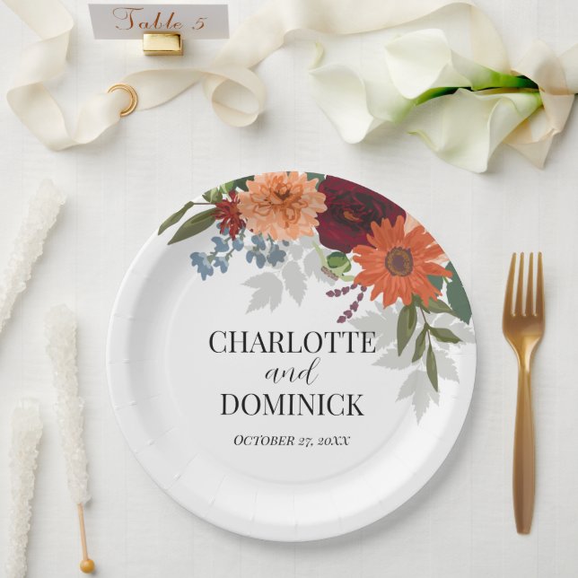 Plato De Papel Burgundy Fall Garden Boda Floral (Boda)