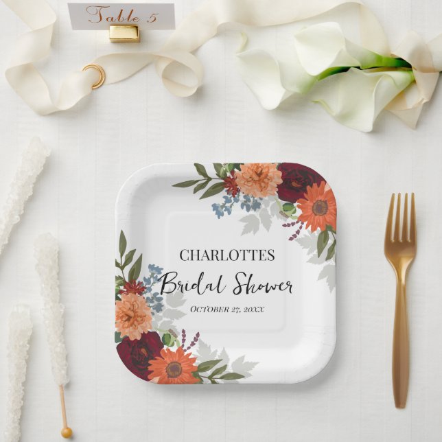 Plato De Papel Burgundy Fall Garden Floral Bridal Shower (Boda)