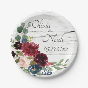 Plato De Papel Burgundy Floral Elegante Rústico Apreciable Acuare