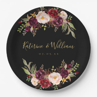 Plato De Papel Burgundy Floral Moda Black Gold Engagement Party