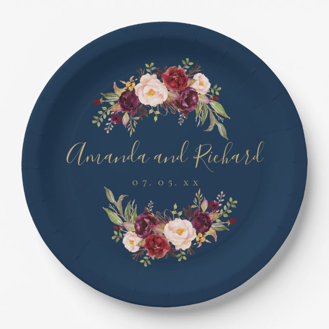 Plato De Papel Burgundy Floral Navy Blue Gold Engagement Party (Anverso)