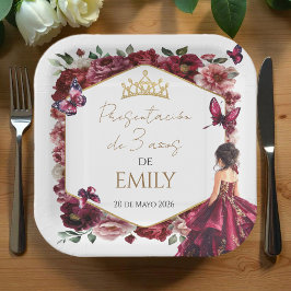 Plato De Papel Burgundy Floral Presentación de 3 años