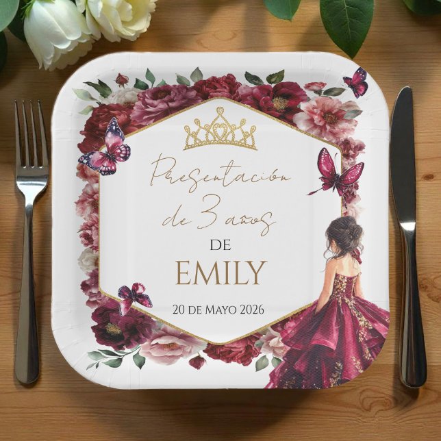 Plato De Papel Burgundy Floral Presentación de 3 años (Subido por el creador)