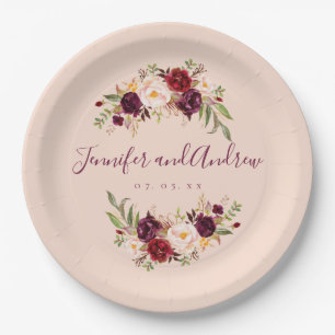 Plato De Papel Burgundy floral Rustic Rubor Pink Engagement Party