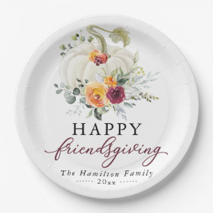 Plato De Papel Burgundy Floral White Pumpkin Acción de Gracias en