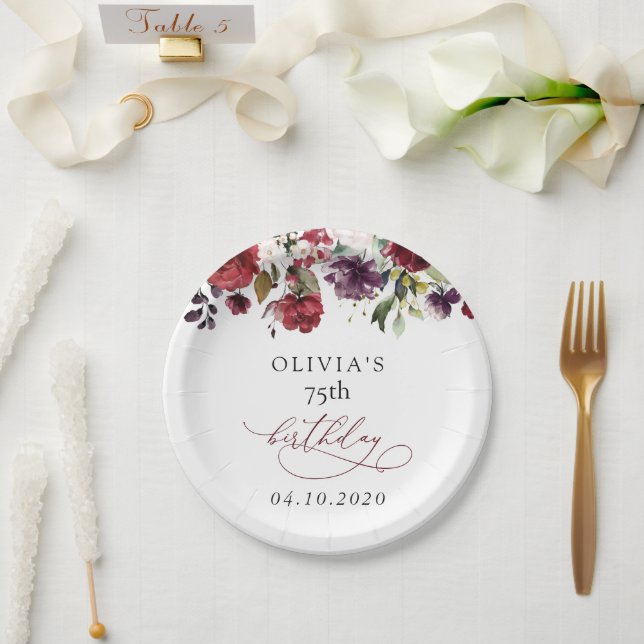 Plato De Papel Burgundy Flowers, Pink Flowers, Boho, Birthday (Boda)