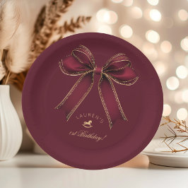 Plato De Papel Burgundy Gold Bow Rocking Horse Luxury Cumpleaños