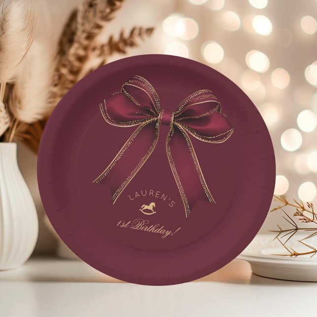 Plato De Papel Burgundy Gold Bow Rocking Horse Luxury Cumpleaños (Subido por el creador)