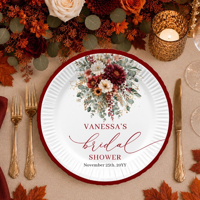 Plato De Papel Burgundy Gold floral boho otoño despedida de solte (Burgundy Gold floral boho autumn bridal shower plates

)