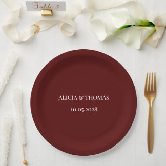 Plato De Papel Burgundy Modern Initials Minimalist Wedding 
