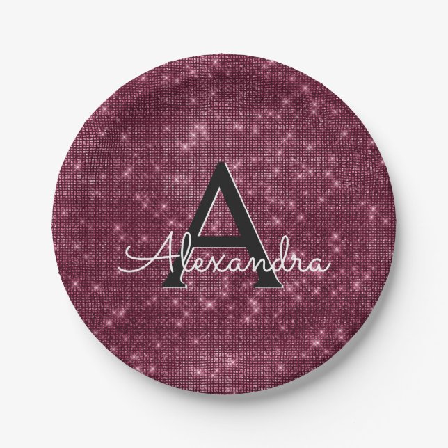 Plato De Papel Burgundy Morple Sparkle Monograma Cumpleaños (Anverso)