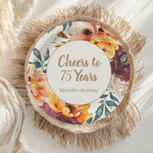 Plato De Papel Burgundy Naranja Floral Oro Cheers 75 Años