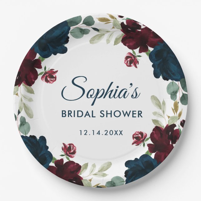 Plato De Papel Burgundy & Navy Blue Flowers Rustic Bridal Shower (Anverso)