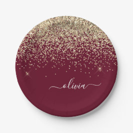 Plato De Papel Burgundy Oro Brillo Monograma Glam