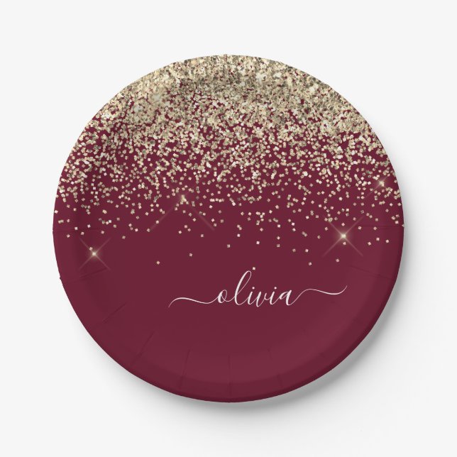 Plato De Papel Burgundy Oro Brillo Monograma Glam (Anverso)