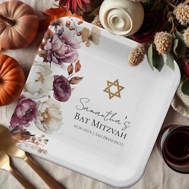 Plato De Papel Burgundy Otoño Caída Floral Bat Mitzvah (Subido por el creador)