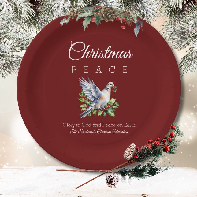 Plato De Papel Burgundy Peace Dove Holly Christian Christmas (Subido por el creador)