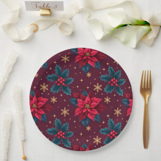 Plato De Papel Burgundy Poinsettia & Gold Snowflake 