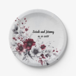 Plato De Papel Burgundy Profundo Floral Acuarela Gris Plateado Pe