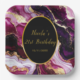 Plato De Papel Burgundy Red and Gold Marble Agate Birthday Party