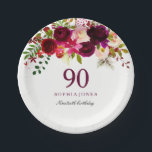 Plato De Papel Burgundy Red Floral Boho 90th Birthday Party<br><div class="desc">Burgundy Red Floral Boho 90th Birthday Party Ver artículos a juego a continuación</div>