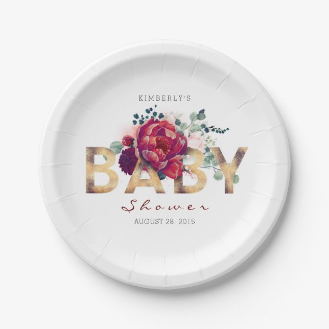 Plato De Papel Burgundy Red Floral Typography Baby Shower (Anverso)