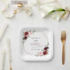 Plato De Papel Burgundy Red Flowers, Pink Flowers, Birthday