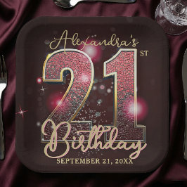 Plato De Papel Burgundy Red Gold Faux Sequin 21st Birthday Party