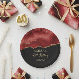 Plato De Papel Burgundy Red Gold Glitter Abstract Watercolor