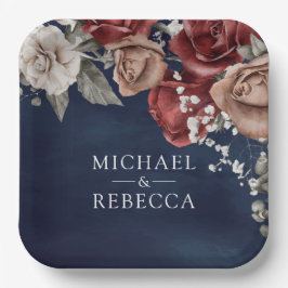 Plato De Papel Burgundy Red Roses Floral Navy Blue Wedding