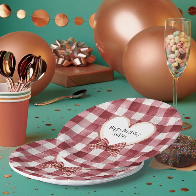 Plato De Papel Burgundy Red White Heart Ribbon Birthday (Multi)