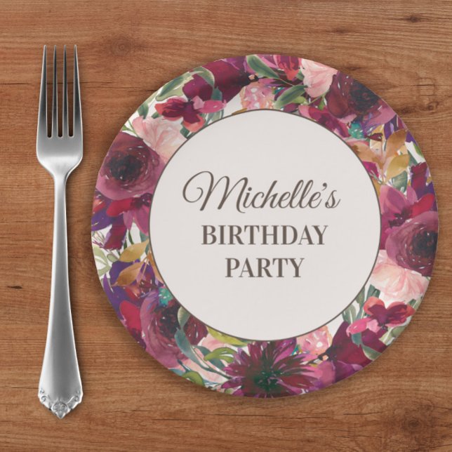 Plato De Papel Burgundy Rubor Pink Floral Birday Party (Burgundy and pink watercolor floral custom birthday party paper plates.)