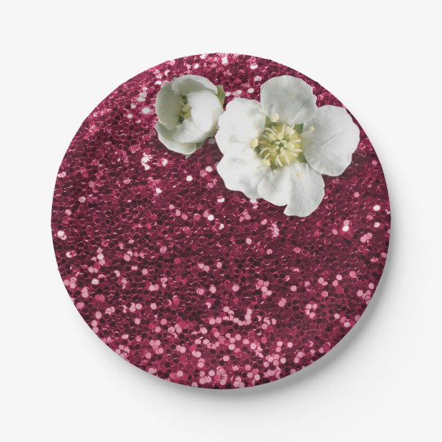 Plato De Papel Burgundy Ruby Floral White Jasmine Purpurina (Anverso)